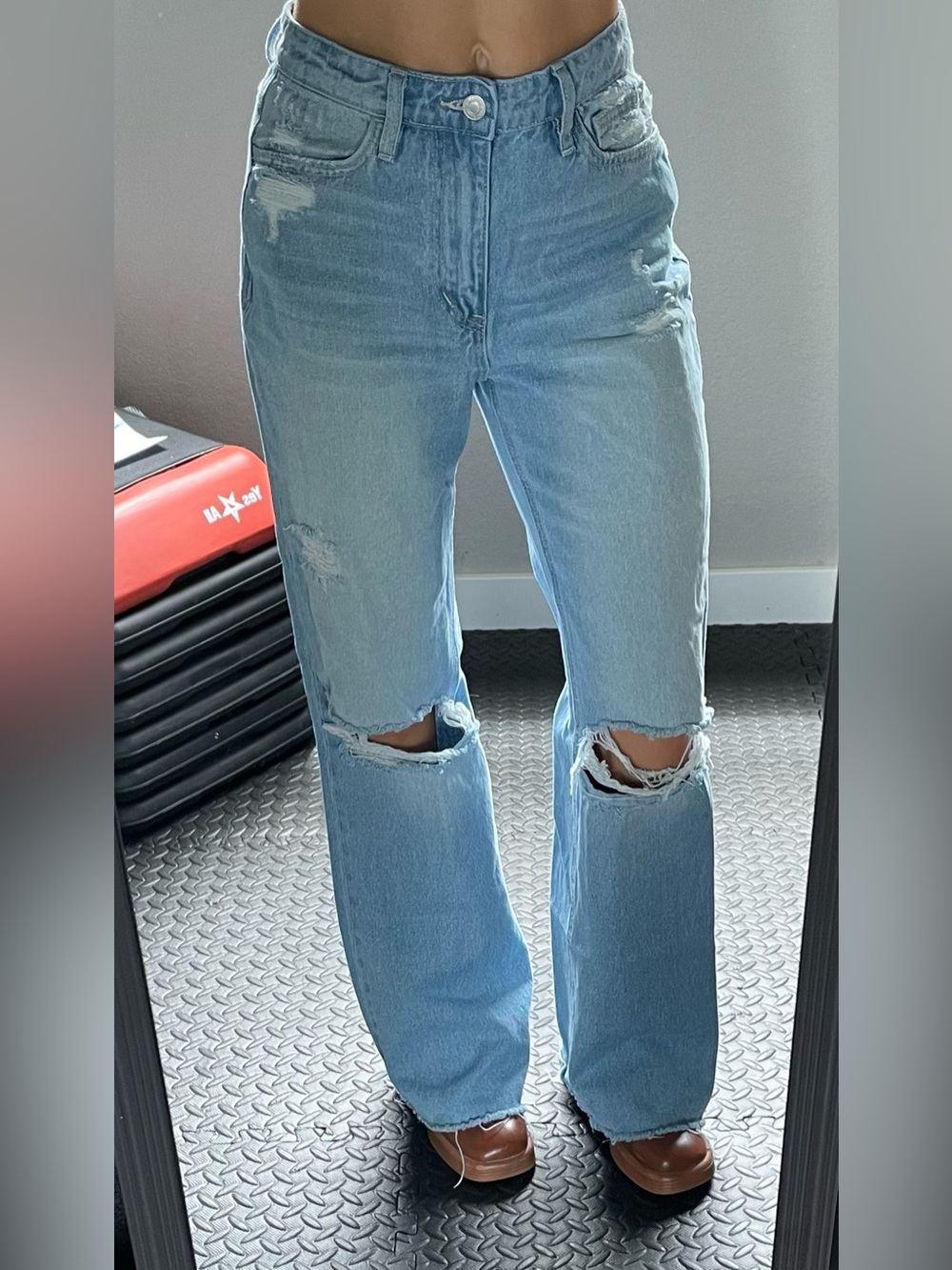 Light Blue Straight Leg Ripped Jeans - Women's